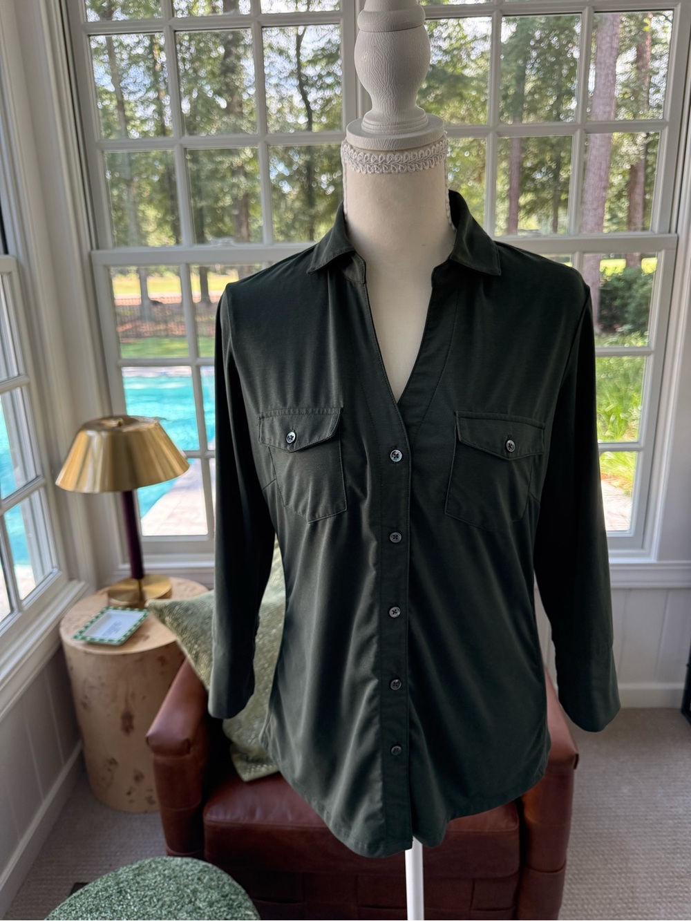 J. McLaughlin Dark Green Button-Front Utility Blouse